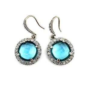 Silver Tone Crystal Halo Round Sky Blue Facested Glass Faux Gem Dangle Earrings